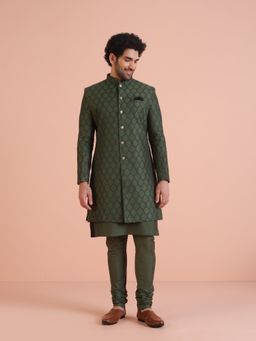 KISAH - Men Olive Kurta Sherwani Churidar Set (Set of 3)