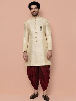 KISAH - Men Cream Textured Silk Blend Indowestern Sherwani Dhoti Set with Zari Design