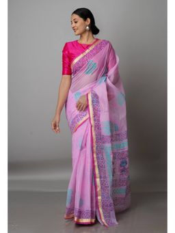 Unnati Silks - Baby Pink Pure Block Printed Kota Cotton Saree with Unstitched Blouse