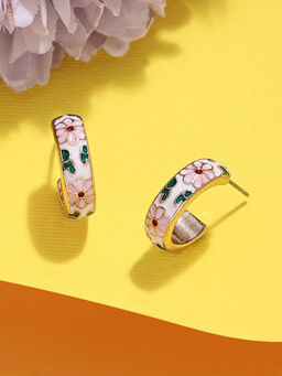 Zaveri Pearls - Multicolor Enamel Contemporary Floral Semi Hoop Studs Earring-Zpfk16141