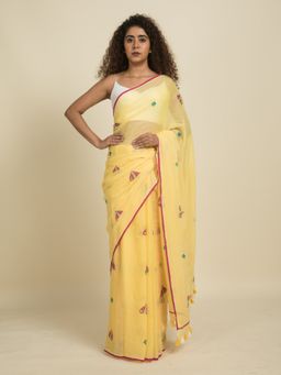 Suta - Yellow Butterfly Block Printed Mul Cotton Saree