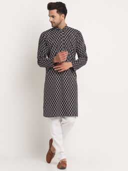 Kraft India - Men Cotton Jaipuri Printed Black Knee Length Kurta Only