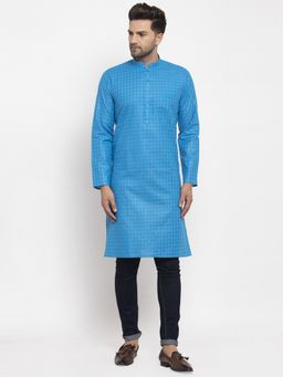 Kraft India - Men Blue Self Check Woven Design Straight Kurta
