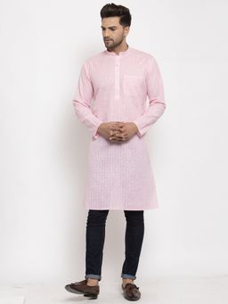 Kraft India - Men Pink Self Check Woven Design Straight Kurta