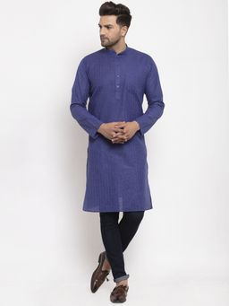 Kraft India - Men Royal Blue Self Check Woven Design Straight Kurta