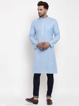 Kraft India - Men Turquoise Blue Cotton Solid Straight Kurta