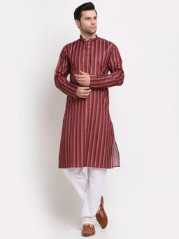 Kraft India - Men Red Cotton Stripped Straight Kurta