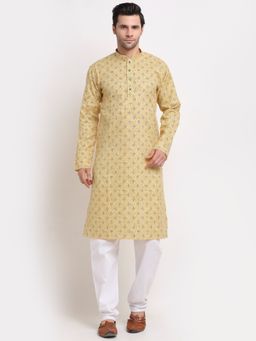 Kraft India - Men Yellow Cotton Printed Straight Kurta