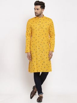 Kraft India - Men Yellow Cotton Printed Straight Kurta