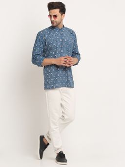 Kraft India - Men Cotton Jaipuri Printed Blue Short Kurta with Roll-Up Sleeves