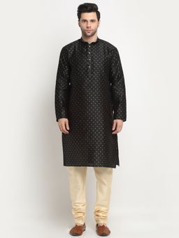 Kraft India - Men Silk Polka Dotted Black Kurta Only