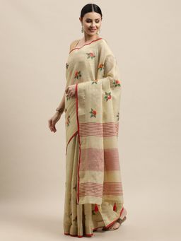 Sangam Prints - Cream Linen Woven Zari Work Traditional Tassle Saree with Unstitched Blouse