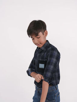 Avokiddos - Boys Corduroy Navy Blue Patch Checks Shirt