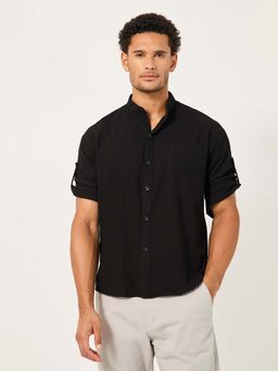 Styli - Men's Black Solid Mandarin Collar Regular Fit Shirt