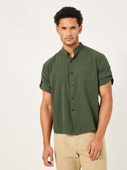 Styli - Men's Olive Solid Mandarin Collar Regular Fit Shirt