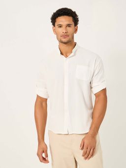 Styli - Men's White Solid Mandarin Collar Regular Fit Shirt