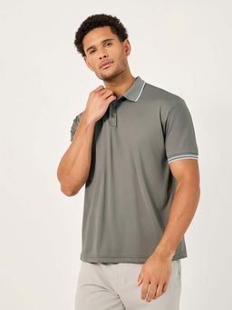 Styli - Men's Grey Solid Regular Fit Contrast Tipped Detail Collar Polo T-Shirt