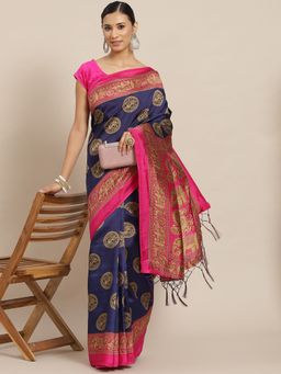 ISHIN - Womens Art Silk Navy Blue & Pink Printed Mysore Silk Saree with Unstitched Blouse