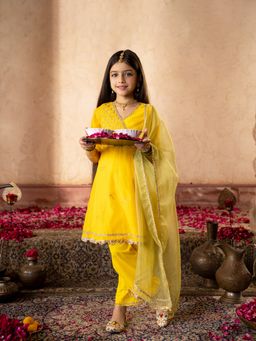 PSPeaches - Yellow Dupion Kurta & Cotton Pyjama with Dupatta (Set of 3)
