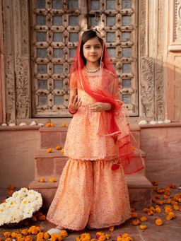 PSPeaches - Peach Organza Kurta & Sharara with Dupatta (Set of 3)