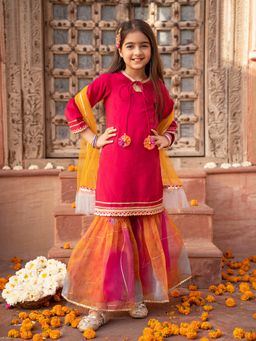 PSPeaches - Pink Cotton Kurta & Organza Sharara with Dupatta (Set of 3)