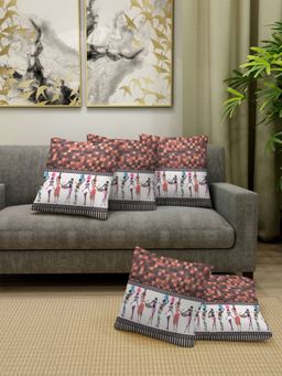 FABINALIV - Pack of 5 Brown Ethnic Cotton Blend Square Cushion Covers