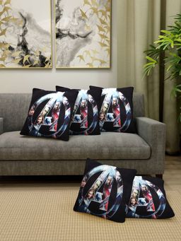 FABINALIV - Black Cartoon Print Cotton Blend Square Cushion Covers (Pack of 5) (16X16 Inches)