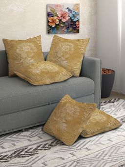 FABINALIV - Pack of 5 Mustard Floral Cotton Blend Square Cushion Covers