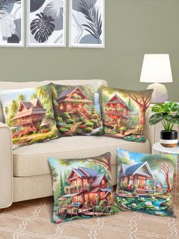 FABINALIV - Pack of 5 Multicolor Graphic Reversible Digital Printed Velvet Square Cushion Covers