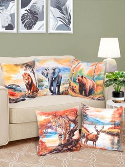 FABINALIV - Pack of 5 Multicolor Graphic Reversible Digital Printed Velvet Square Cushion Covers