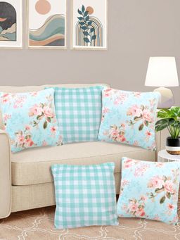 FABINALIV - Pack of 5 Blue Floral Reversible Digital Printed Velvet Square Cushion Covers