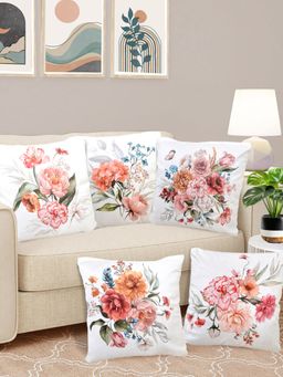 FABINALIV - Pack of 5 White Floral Reversible Digital Printed Velvet Square Cushion Covers