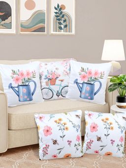 FABINALIV - Pack of 5 White Floral Reversible Digital Printed Velvet Square Cushion Covers