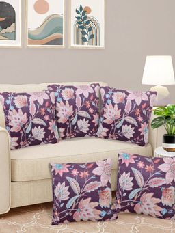 FABINALIV - Pack of 5 Purple Floral Reversible Digital Printed Velvet Square Cushion Covers