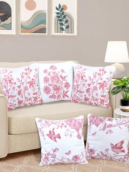 FABINALIV - Pack of 5 Pink Floral Reversible Digital Printed Velvet Square Cushion Covers