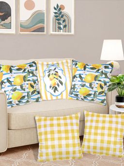 FABINALIV - Pack of 5 Yellow Geometric Reversible Digital Printed Velvet Square Cushion Covers