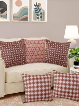 FABINALIV - Pack of 5 Brown Geometric Reversible Digital Printed Velvet Square Cushion Covers