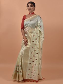 Odette - Cream Silk Embroidered Saree with Unstitched Blouse