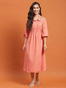 Shree - Women Poly Viscose Peach Embroidered Dress