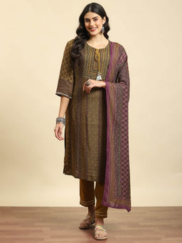 Shree - Women Liva Rayon Olive Aztec Print Kurta Trousers Dupatta (Set of 3)