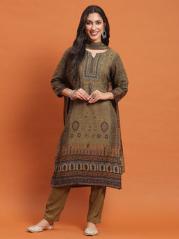 Shree - Women Liva Rayon Green Ornamental Print Kurta Trousers Dupatta (Set of 3)