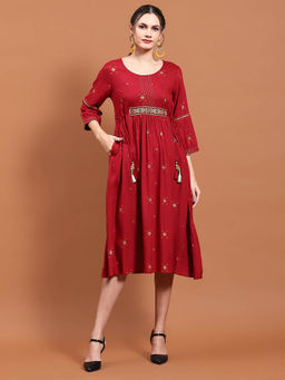 Shree - Women Liva Rayon Maroon Geometric Print Dress