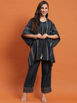 Shree - Women Poly Viscose Blue Printed Co-Ord Kaftan & Pants (Set of 2)