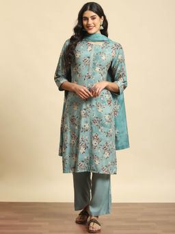 Shree - Women Muslin Green Floral Print Kurta Comfort Pants Dupatta (Set of 3)