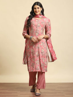 Shree - Women Muslin Pink Floral Print Kurta Comfort Pants Dupatta (Set of 3)