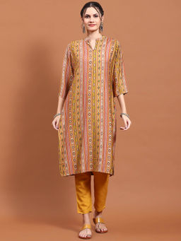 Shree - Women Muslin Mustard Aztec Print Kurta