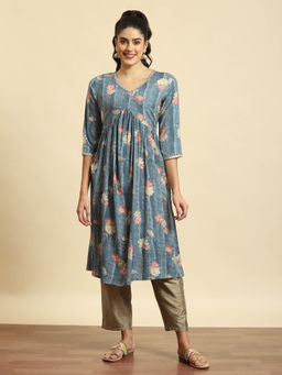 Shree - Women Muslin Grey Floral Print Kurta