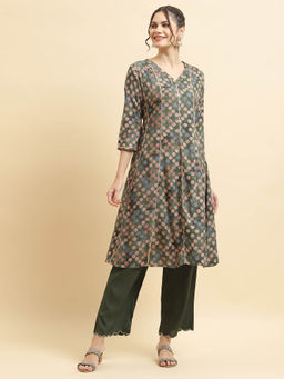 Shree - Women Liva Rayon Olive Printed Kurta with Comfort Pants (Set of 2)