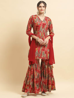 Shree - Women Chinon Red Print Kurta Sharara Dupatta (Set of 3)