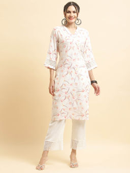 Shree - Women Liva Rayon White Floral Print Kurta with Comfort Pants (Set of 2)
